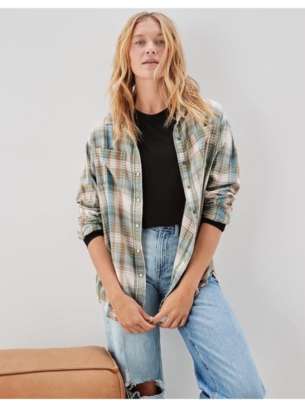 American Eagle Shirt Grunge Plaid Flannel Women XS Pearl Snap Long Sleeve